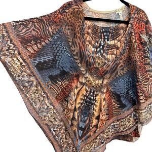 Boho Animal Print Poncho Top Rhinestone 2X Brown Earthy Eclectic Moth Blouse